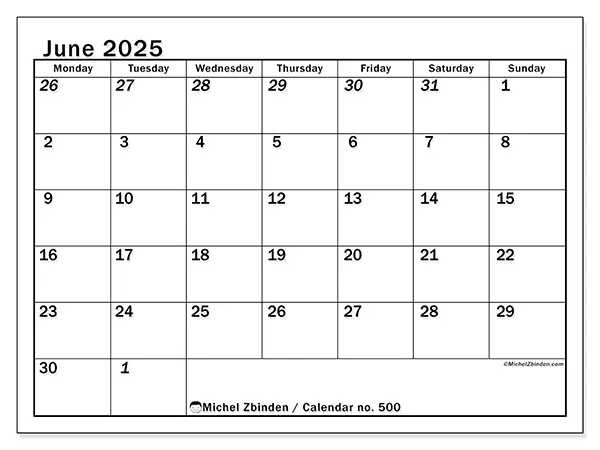 Free printable calendar no. 500, June 2025. Week:  Monday to Sunday