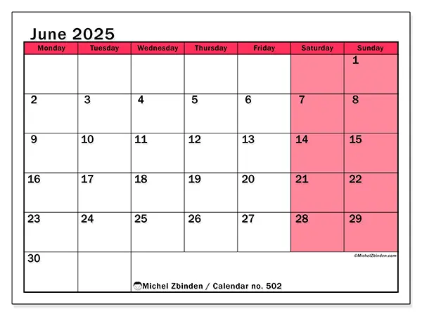 Free printable calendar no. 502, June 2025. Week:  Monday to Sunday