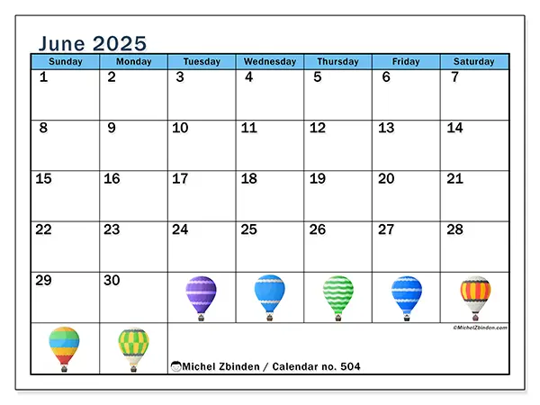 Printable calendar no. 504 for June 2025. Week: Sunday to Saturday.