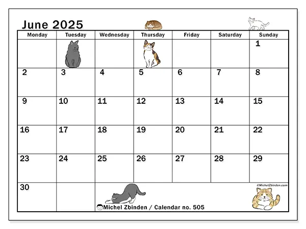 Free printable calendar no. 505, June 2025. Week:  Monday to Sunday