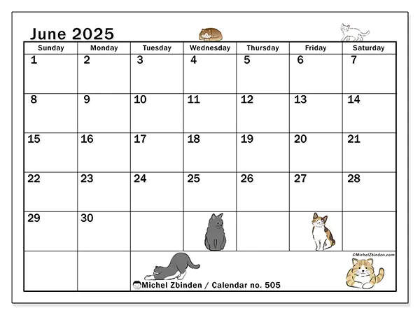 Printable calendar no. 505 for June 2025. Week: Sunday to Saturday.