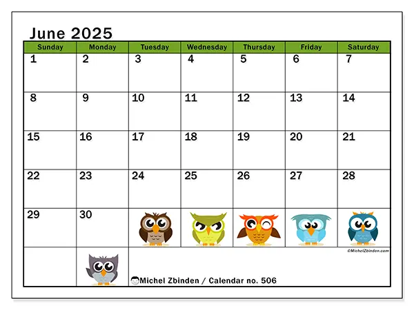 Printable calendar no. 506 for June 2025. Week: Sunday to Saturday.