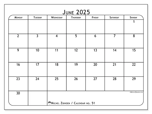 Free printable calendar no. 51, June 2025. Week:  Monday to Sunday