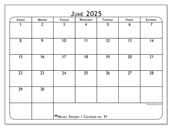 Printable calendar no. 51 for June 2025. Week: Sunday to Saturday.