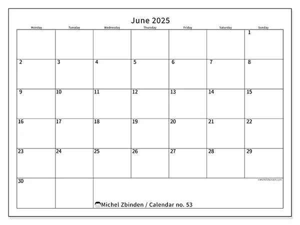Free printable calendar no. 53, June 2025. Week:  Monday to Sunday
