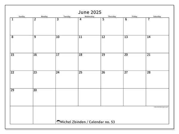 Printable calendar no. 53, June 2025