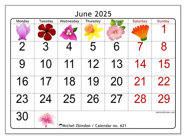 Free printable calendar no. 621, June 2025. Week:  Monday to Sunday
