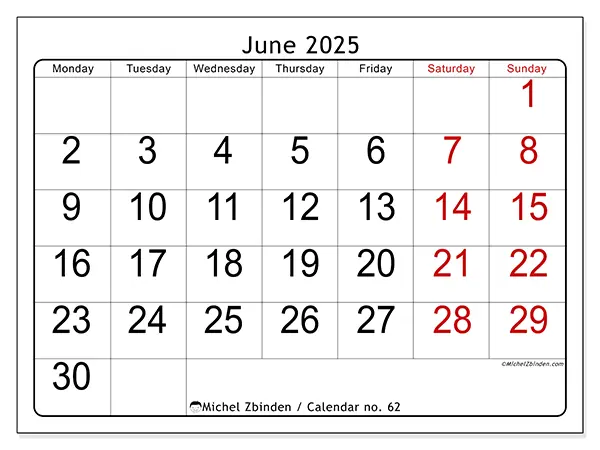 Free printable calendar no. 62, June 2025. Week:  Monday to Sunday