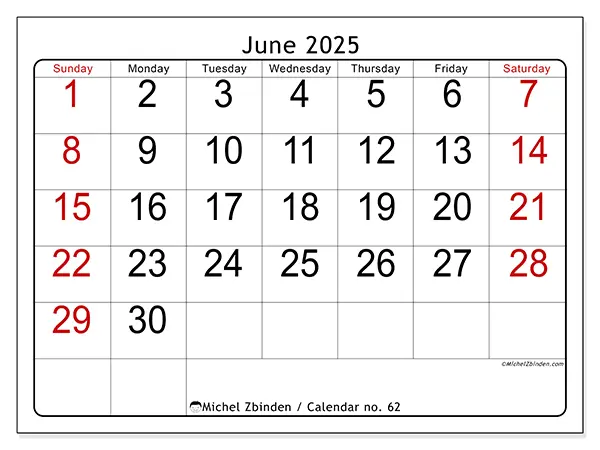 Printable calendar no. 62 for June 2025. Week: Sunday to Saturday.