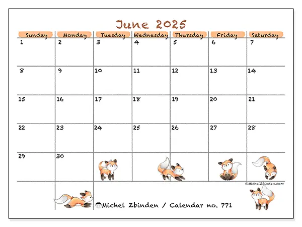 Printable calendar no. 771 for June 2025. Week: Sunday to Saturday.