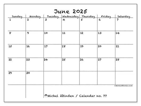 Printable calendar no. 77 for June 2025. Week: Sunday to Saturday.