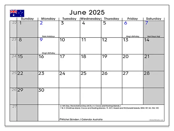 Australia printable calendar for June 2025. Week: Sunday to Saturday.