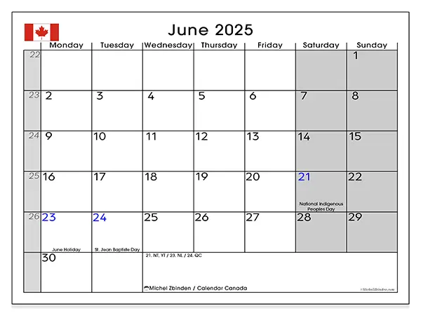 Free printable calendar Canada, June 2025. Week:  Monday to Sunday