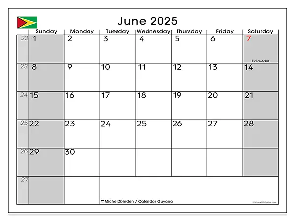 Guyana printable calendar for June 2025. Week: Sunday to Saturday.