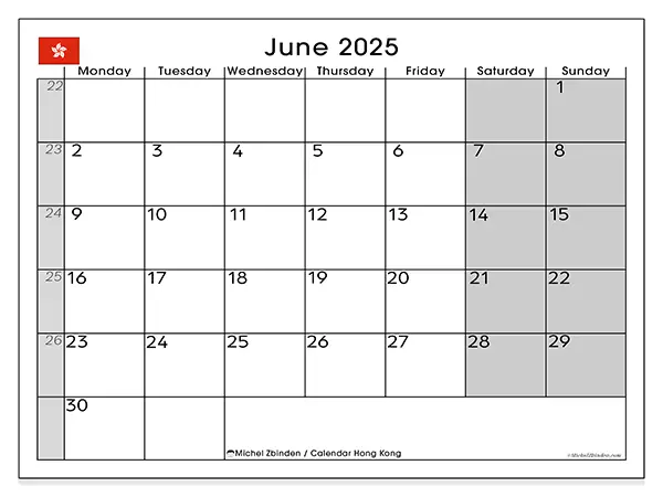 Free printable calendar Hong Kong, June 2025. Week:  Monday to Sunday