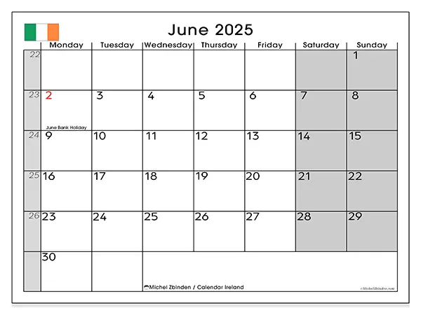 Free printable calendar Ireland, June 2025. Week:  Monday to Sunday