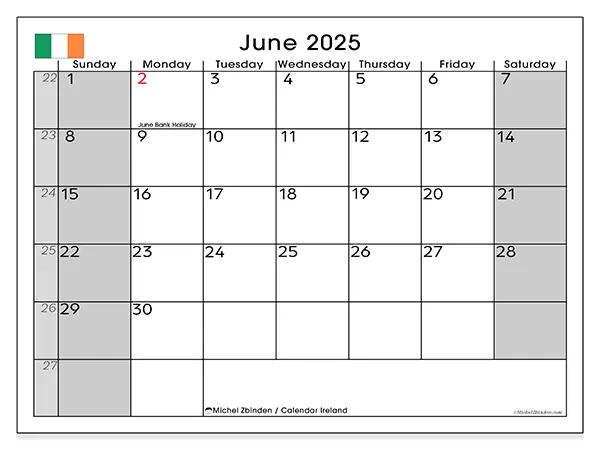 Ireland printable calendar for June 2025. Week: Sunday to Saturday.