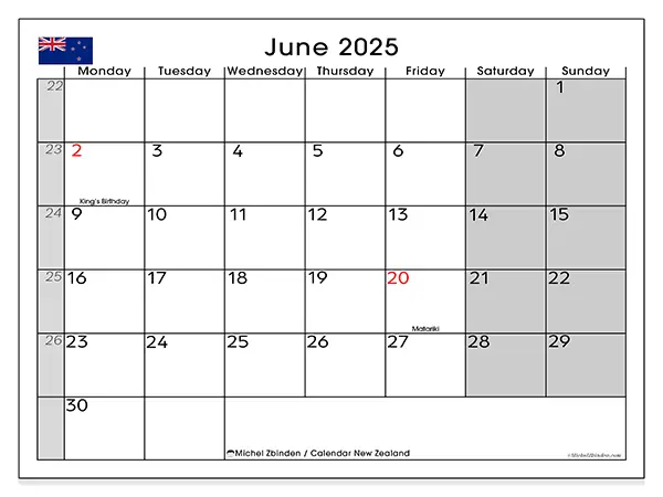Free printable calendar New Zealand, June 2025. Week:  Monday to Sunday