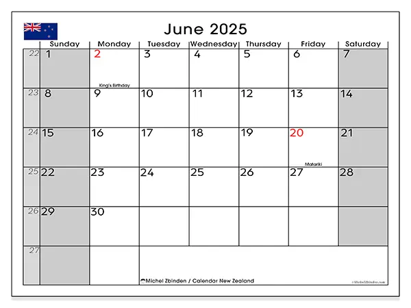 Printable calendar New Zealand, June 2025