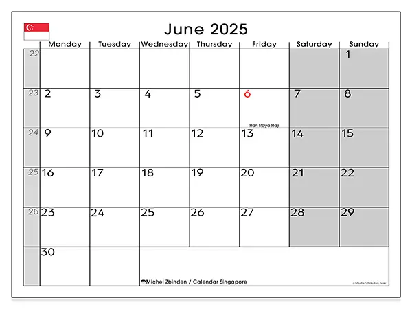 Free printable calendar Singapore, June 2025. Week:  Monday to Sunday