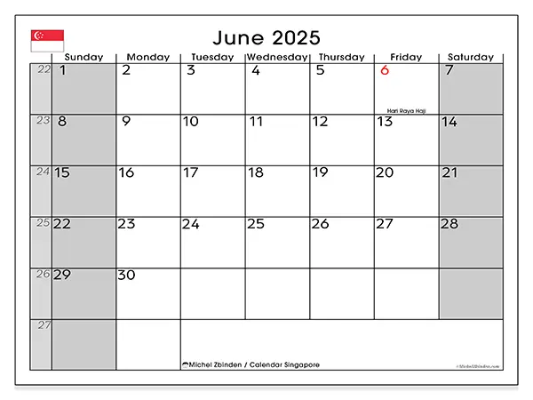 Singapore printable calendar for June 2025. Week: Sunday to Saturday.