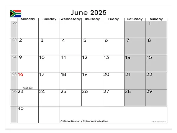 Free printable calendar South Africa, June 2025. Week:  Monday to Sunday