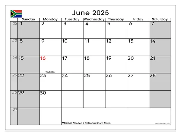 South Africa printable calendar for June 2025. Week: Sunday to Saturday.