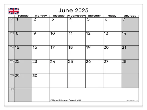 UK printable calendar for June 2025. Week: Sunday to Saturday.