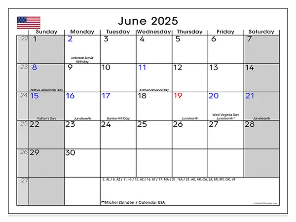USA printable calendar for June 2025. Week: Sunday to Saturday.