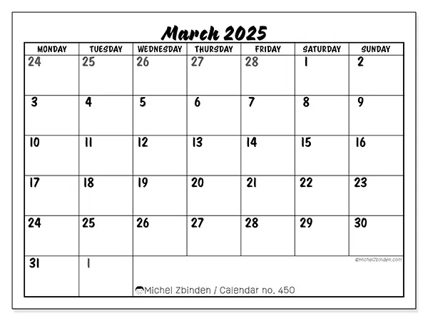 Free printable calendar n° 450 for March 2025. Week: Monday to Sunday.