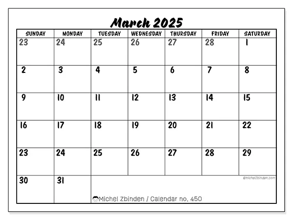 Free printable calendar n° 450 for March 2025. Week: Sunday to Saturday.