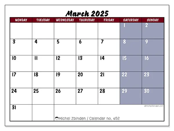 Free printable calendar n° 452 for March 2025. Week: Monday to Sunday.