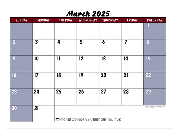 Free printable calendar n° 452 for March 2025. Week: Sunday to Saturday.