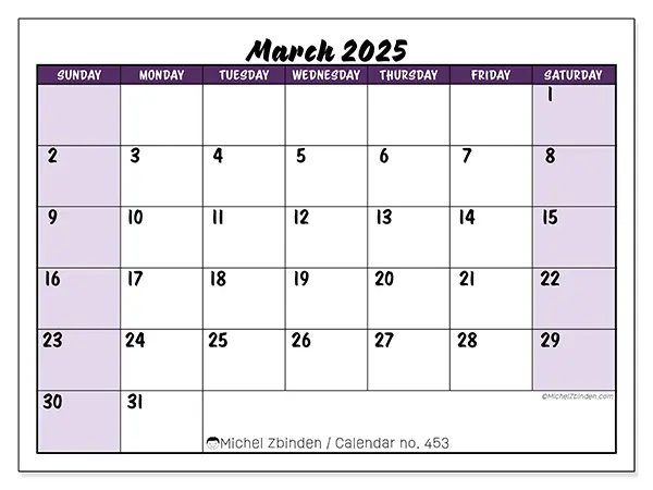 Free printable calendar n° 453 for March 2025. Week: Sunday to Saturday.