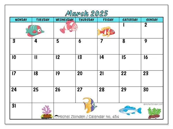 Free printable calendar n° 454 for March 2025. Week: Monday to Sunday.
