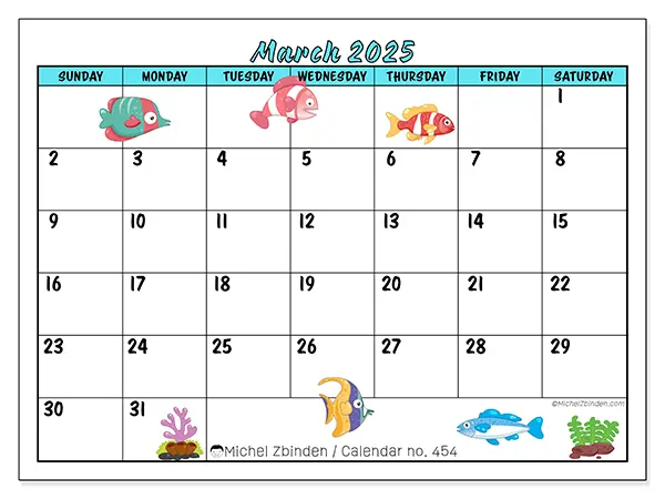 Free printable calendar n° 454 for March 2025. Week: Sunday to Saturday.