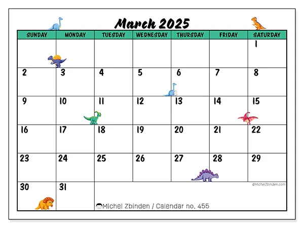 Free printable calendar n° 455, March 2025. Week:  Sunday to Saturday