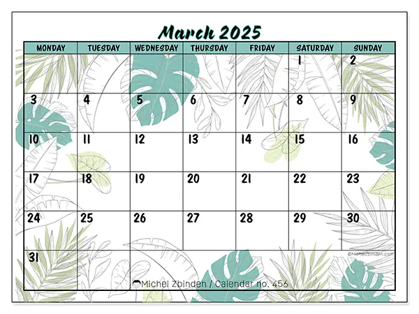 Free printable calendar n° 456 for March 2025. Week: Monday to Sunday.
