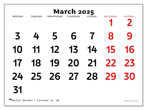 Free printable calendar no. 46 for March 2025. Week: Monday to Sunday.