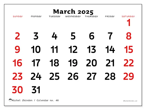 Free printable calendar no. 46 for March 2025. Week: Sunday to Saturday.