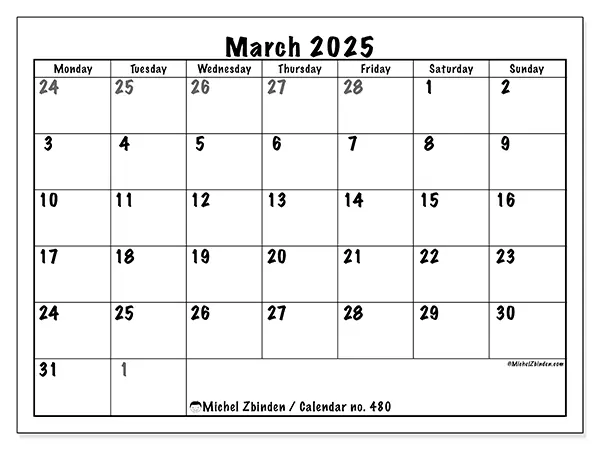 Free printable calendar no. 480 for March 2025. Week: Monday to Sunday.