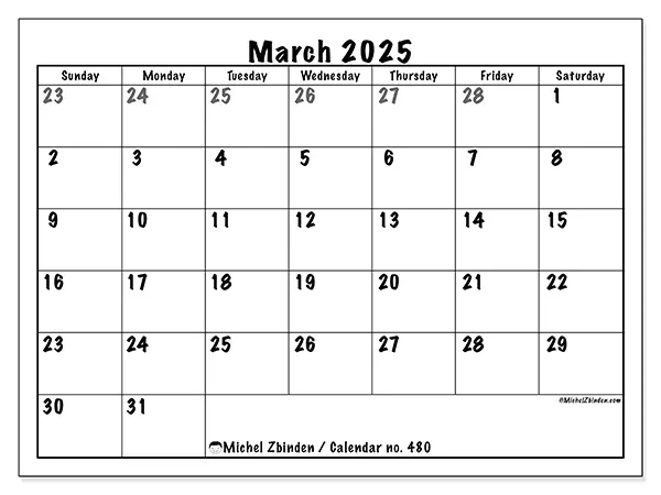 Free printable calendar no. 480 for March 2025. Week: Sunday to Saturday.