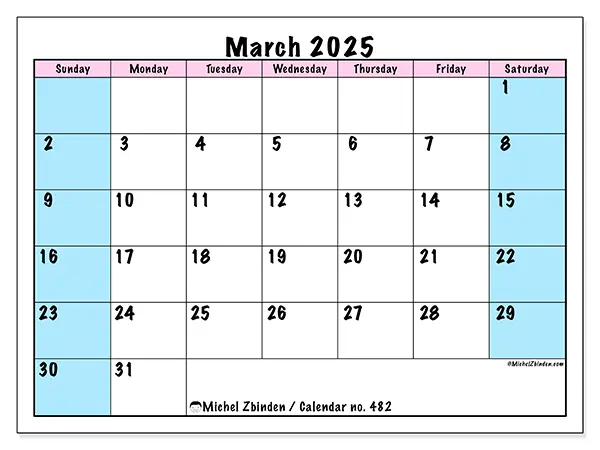 Free printable calendar no. 482, March 2025. Week:  Sunday to Saturday