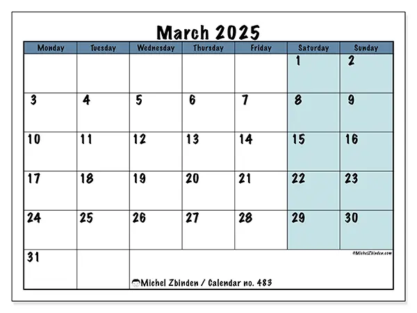 Free printable calendar no. 483 for March 2025. Week: Monday to Sunday.