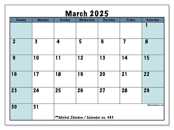 Free printable calendar no. 483 for March 2025. Week: Sunday to Saturday.