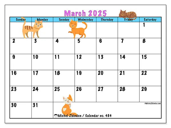 Free printable calendar no. 484, March 2025. Week:  Sunday to Saturday