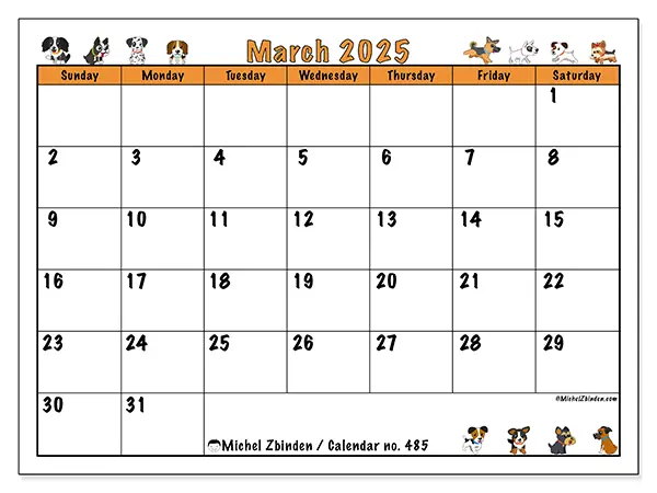 Free printable calendar no. 485 for March 2025. Week: Sunday to Saturday.