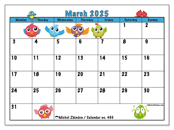 Free printable calendar no. 486 for March 2025. Week: Monday to Sunday.