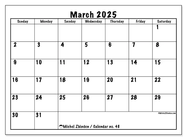 Free printable calendar no. 48 for March 2025. Week: Sunday to Saturday.