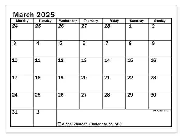 Free printable calendar no. 500 for March 2025. Week: Monday to Sunday.